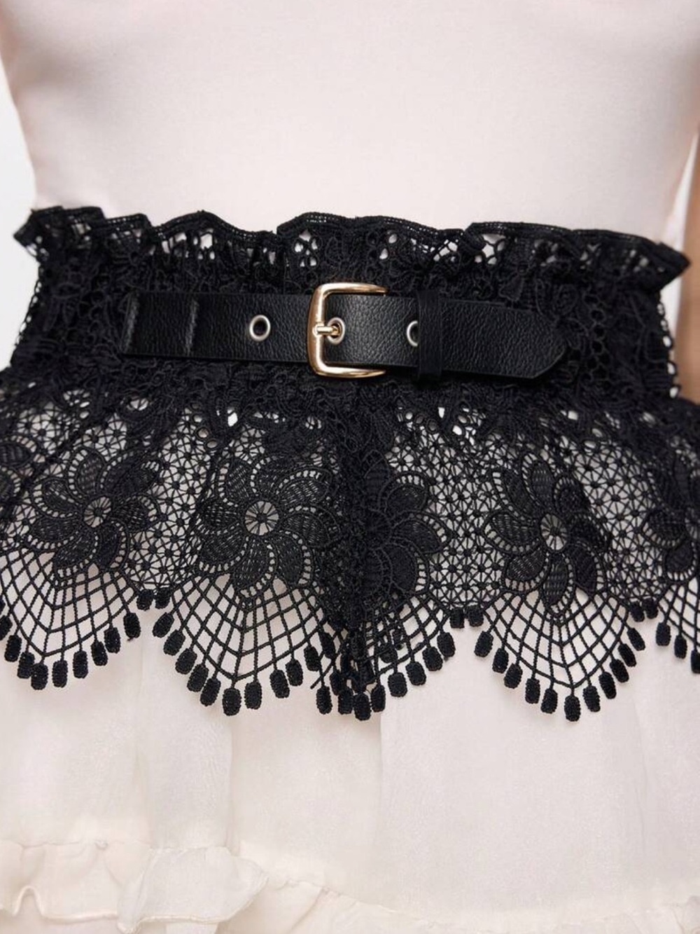Black Lace Ruffled Waist Belt with Gold Buckle